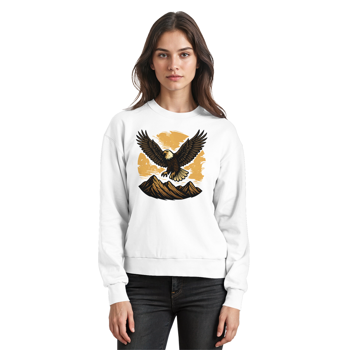 Arvenzo Iron Wing sweatshirt in Arctic White, front view showing classic crewneck design and minimalist logo on chest