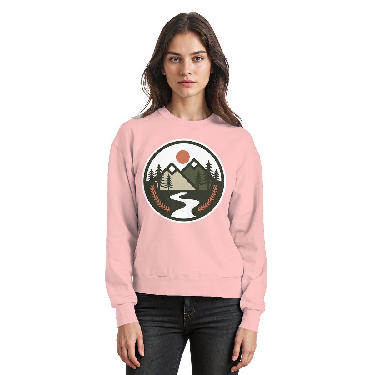 Baby pink Arvenzo Open Ground sweatshirt with a classic crewneck and long sleeves, displayed from the front.