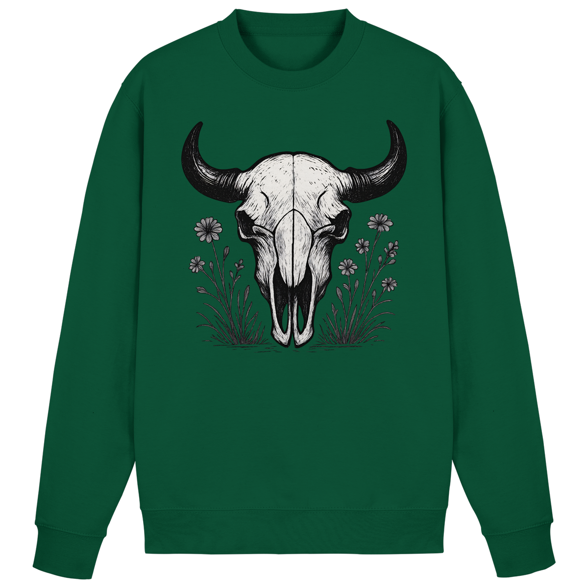 Bottle green Arvenzo Bison Skull sweatshirt showing a front view with a bold bison skull graphic on the chest.