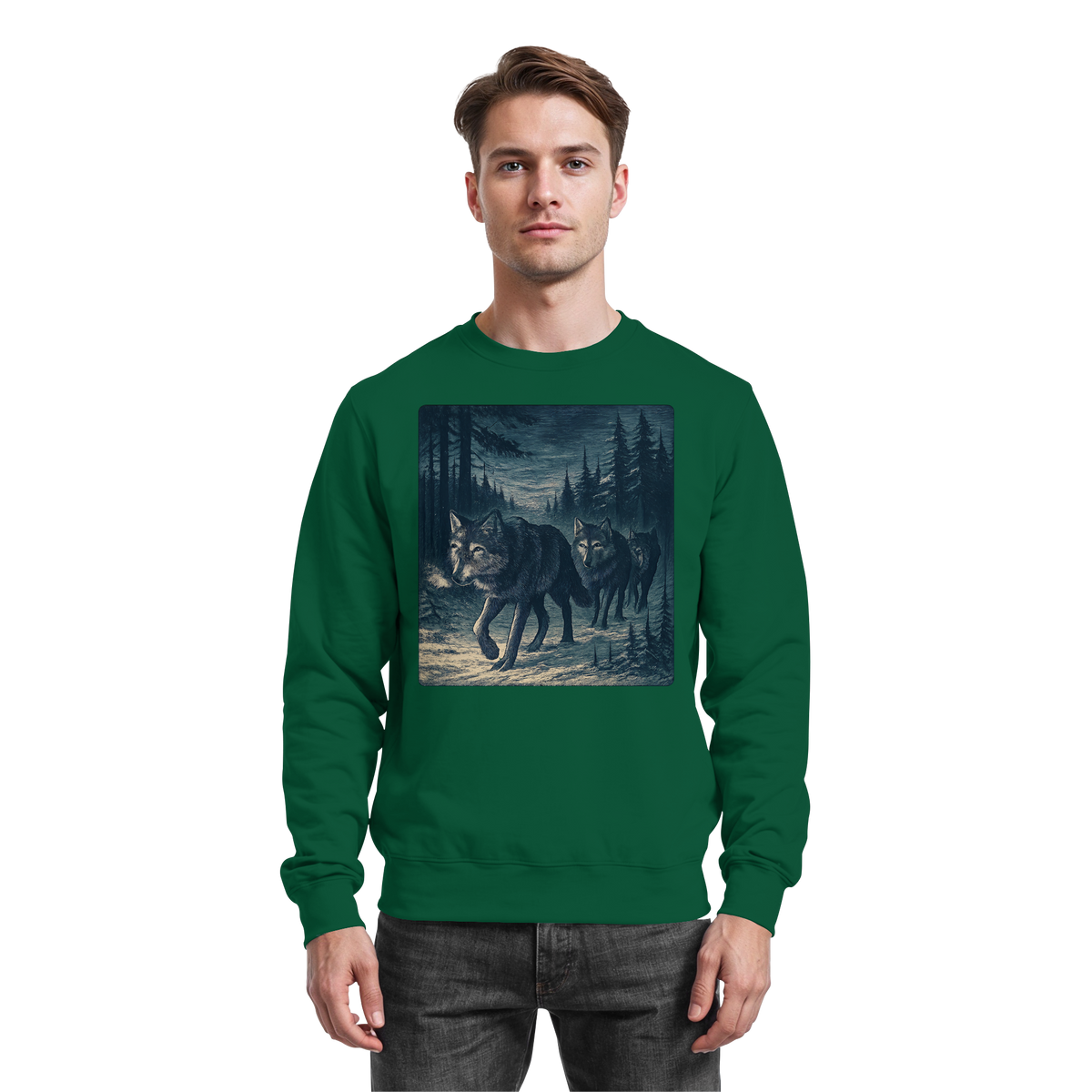 Arvenzo Pack North sweatshirt in bottle green, front view showing a classic crewneck design and soft fabric texture.