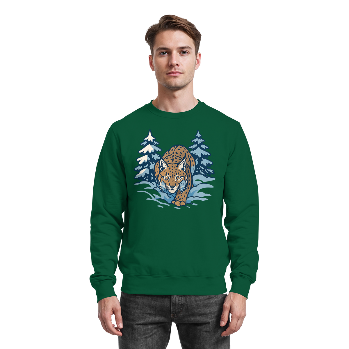Arvenzo Snow Lynx sweatshirt in bottle green, front view showing the casual sweatshirt with a simple design and comfortable fit.