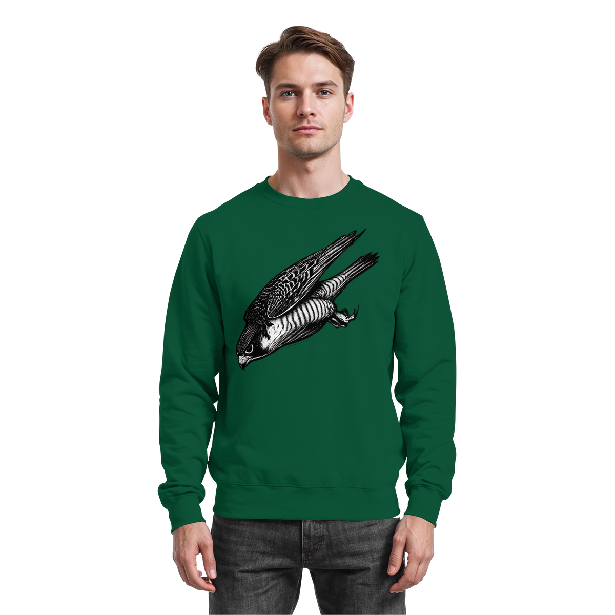 Arvenzo Swift Dive sweatshirt in bottle green, front view showing classic crew neck and soft cotton fabric.