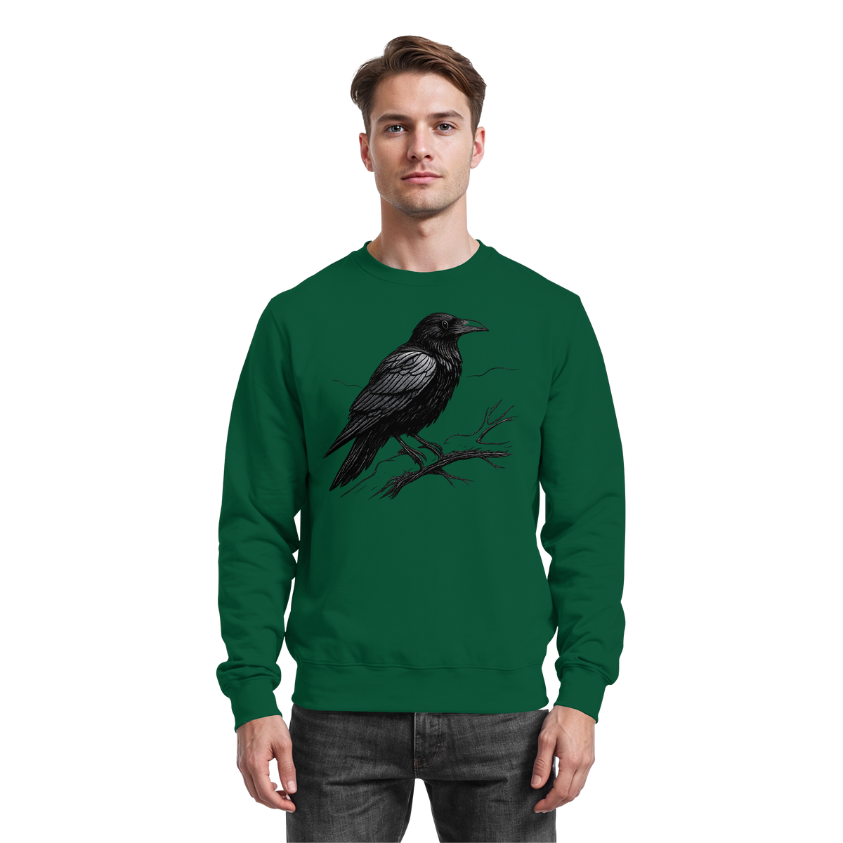 Arvenzo Dark Raven Sweatshirt in bottle green, front view showing a classic crewneck design and soft fabric texture.