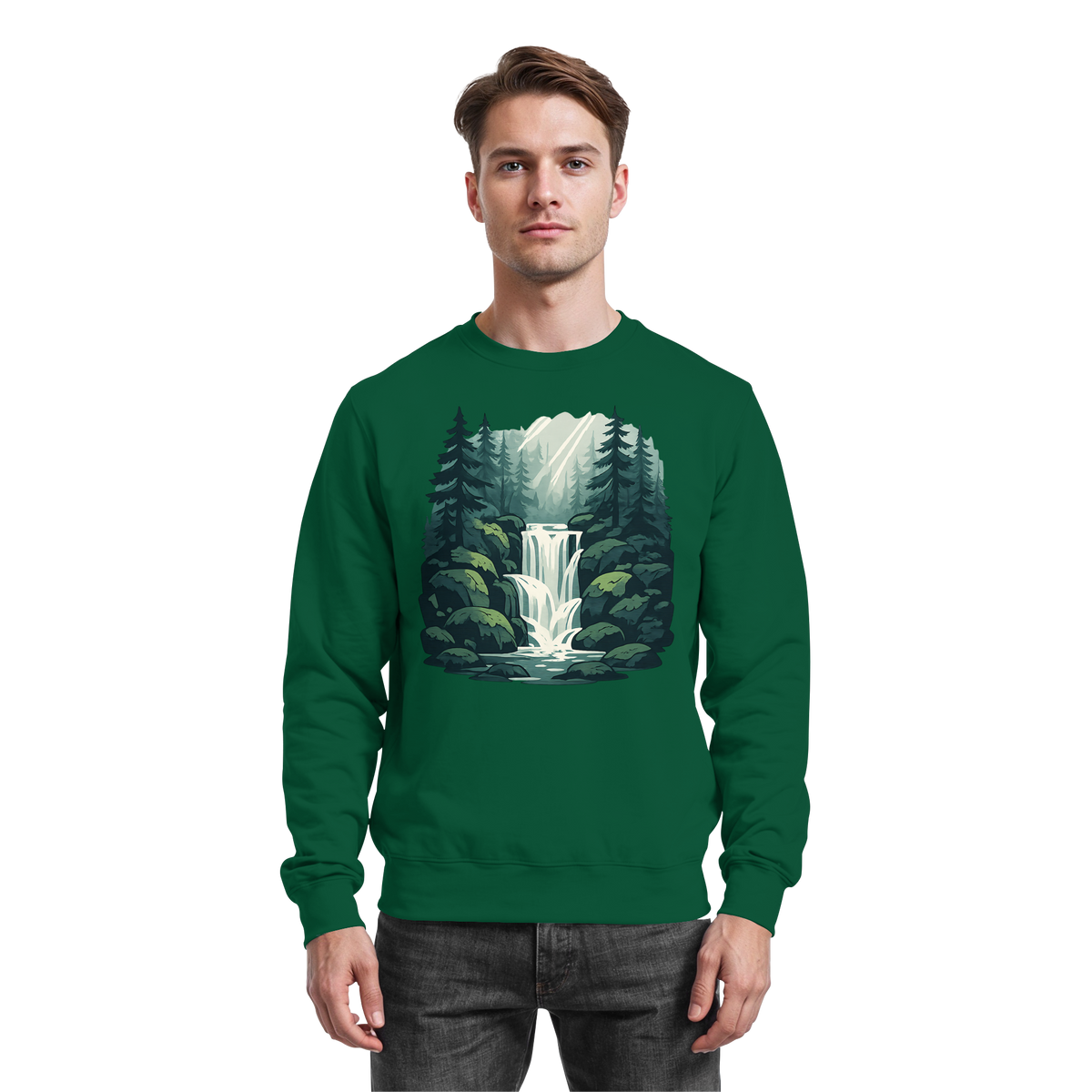 Arvenzo Fall Creek sweatshirt in bottle green, front view showing the casual, comfortable fit and classic crewneck design.