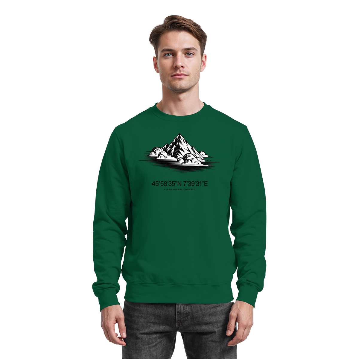 Arvenzo Summit Point sweatshirt in bottle green, front view showing the casual, comfortable sweatshirt fabric and fit.