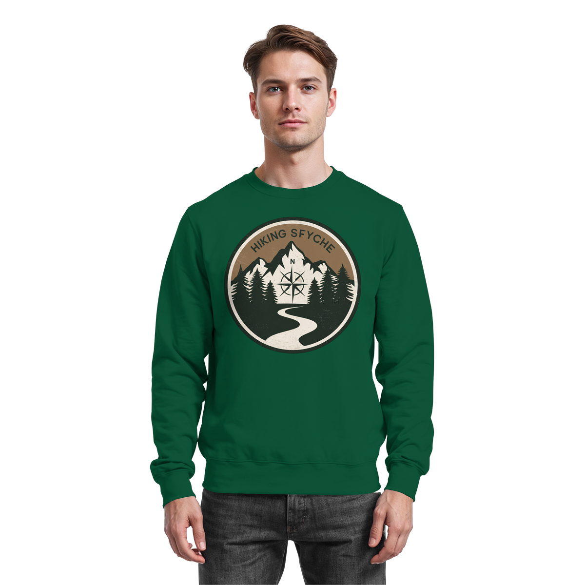 Arvenzo Trail Crest Sweatshirt in bottle green, front view showing classic crewneck design and soft fabric texture.