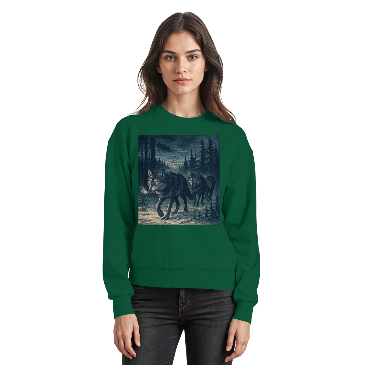 Arvenzo Pack North sweatshirt in bottle green, front view showing classic crew neck and soft fabric texture.