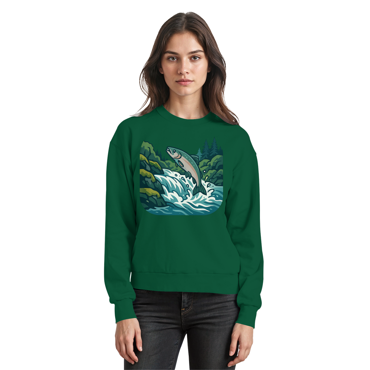 Front view of Arvenzo Silver Run sweatshirt in bottle green, showcasing a classic crewneck design and soft fabric.