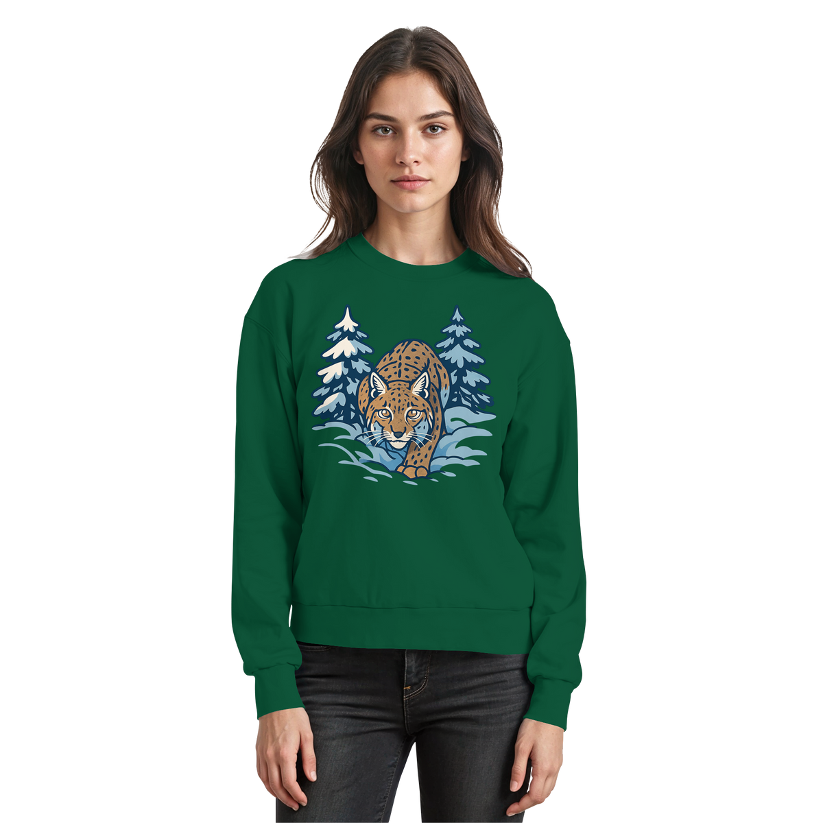 Arvenzo Snow Lynx sweatshirt in bottle green, front view showing a cozy, casual sweatshirt with a snow lynx graphic design.
