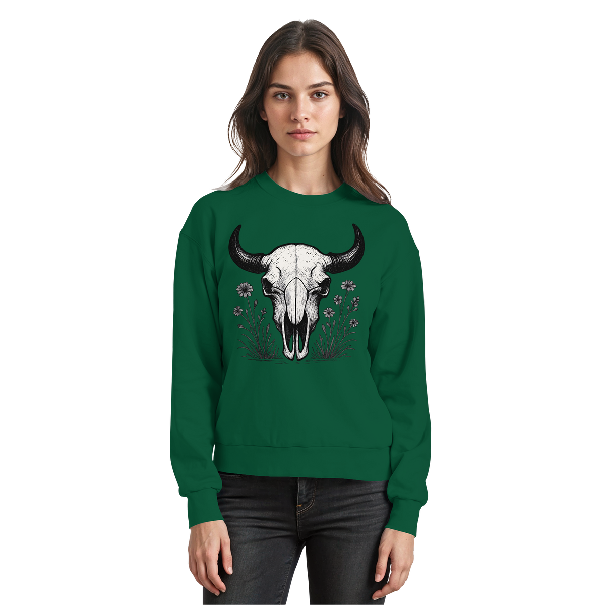 Bottle green Arvenzo Bison Skull sweatshirt with a front design, casual fit, and ribbed cuffs and hem.
