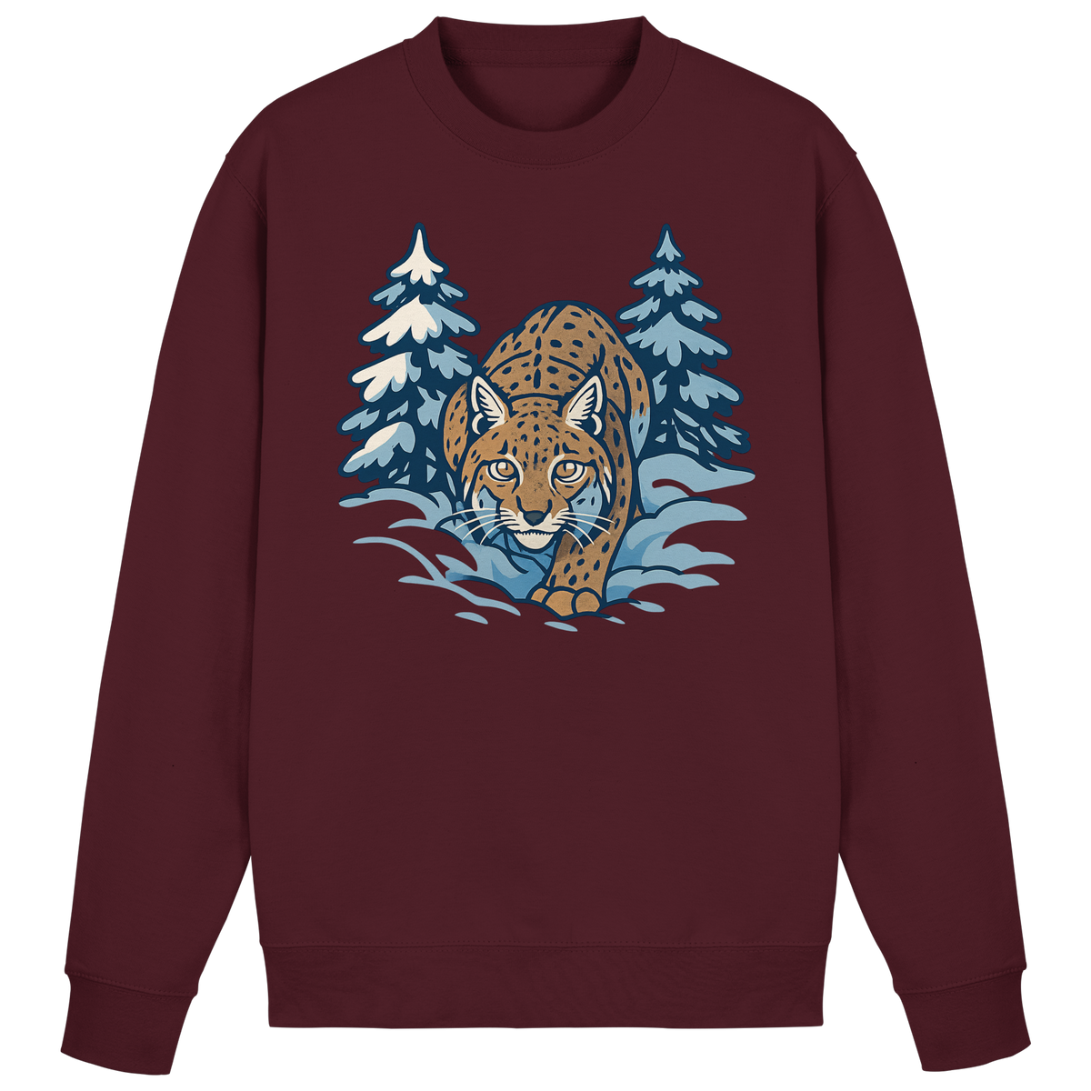 Arvenzo Snow Lynx sweatshirt in burgundy, front view showing soft fabric and classic crew neck design.
