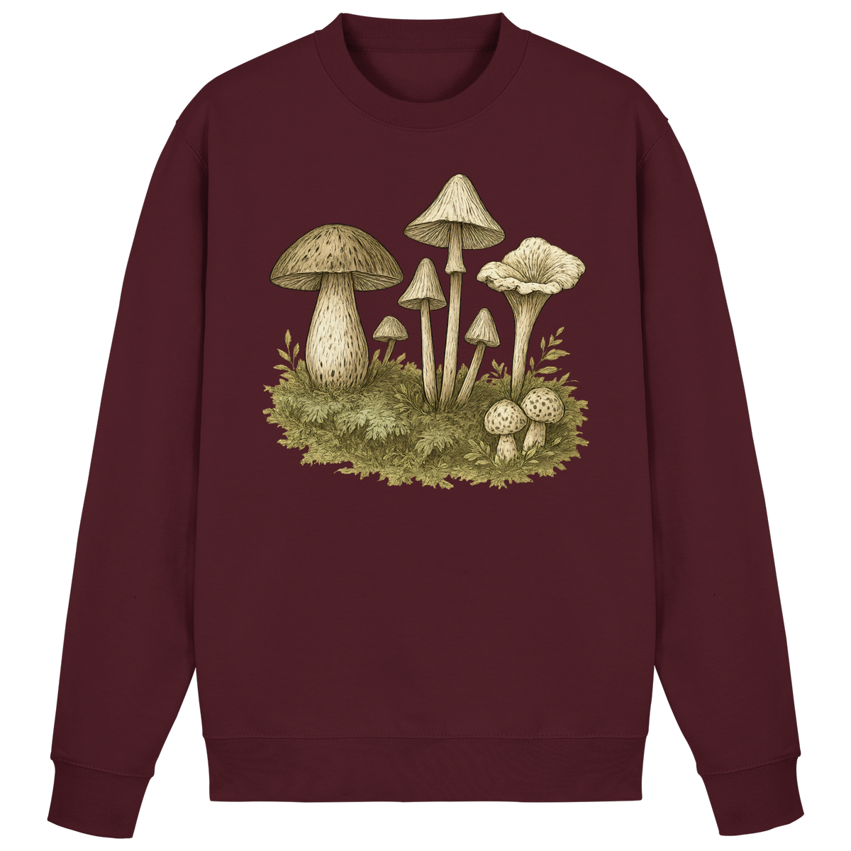 Arvenzo Forest Floor sweatshirt in burgundy, front view showing a comfortable casual sweatshirt with forest-themed design.