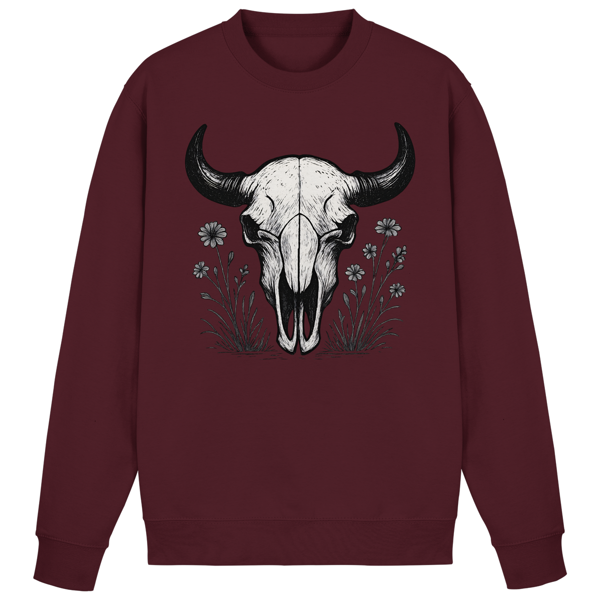 Burgundy Arvenzo Bison Skull sweatshirt showing front view with a bold bison skull graphic on the chest.