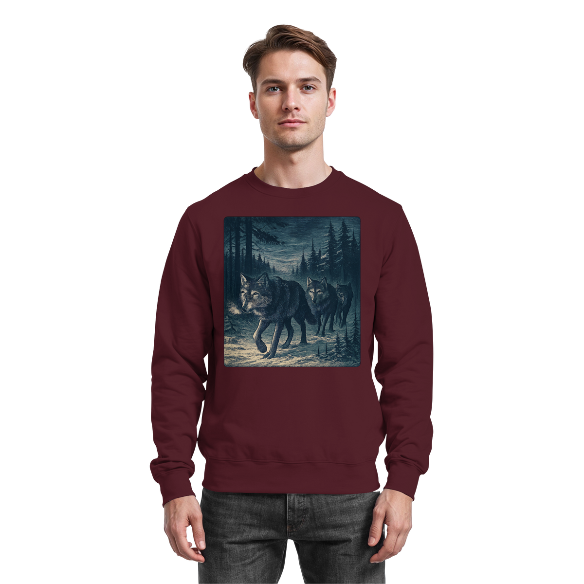Arvenzo Pack North sweatshirt in burgundy, front view showing a classic crewneck design and soft fabric texture.