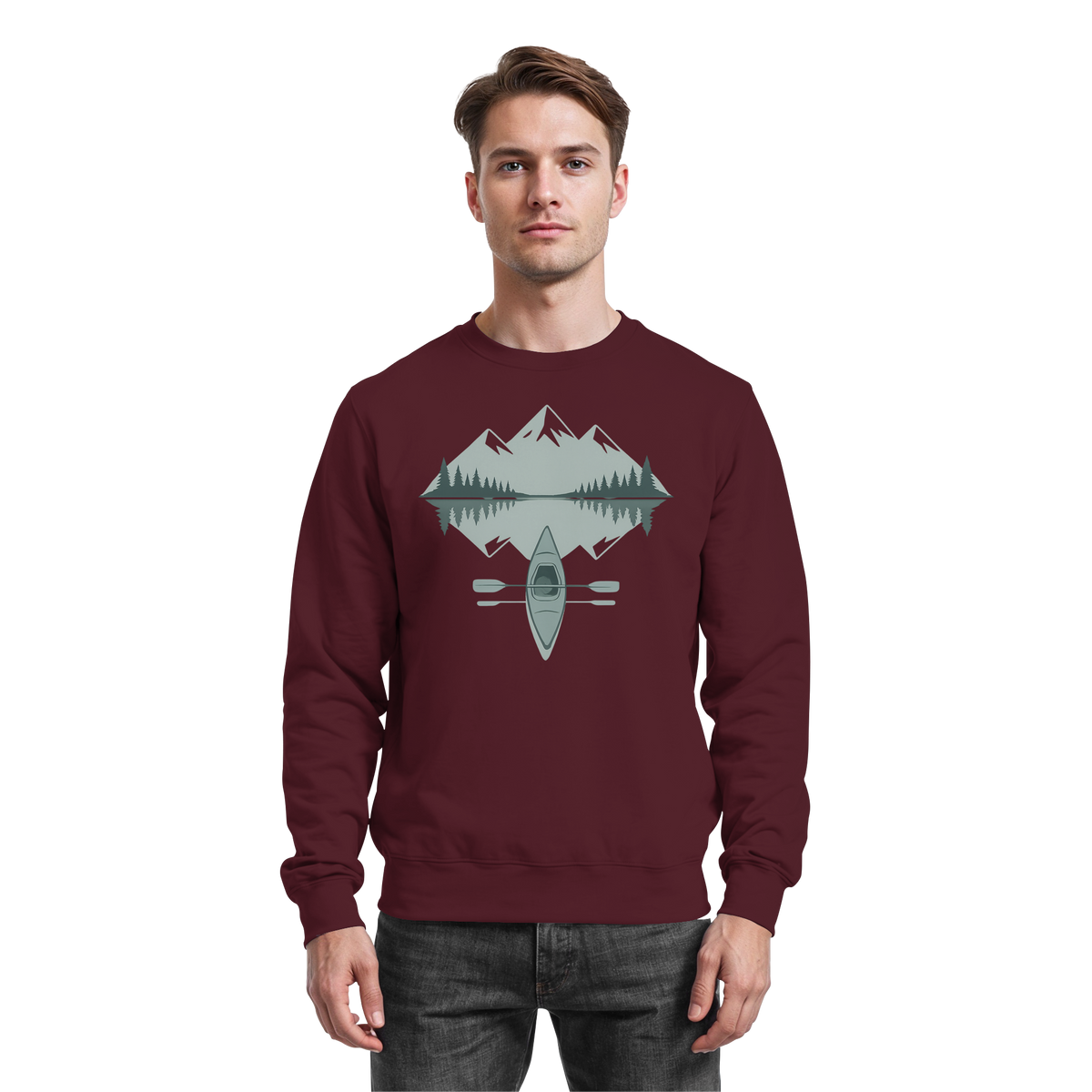Arvenzo Mirror Lake sweatshirt in burgundy, front view showing a classic crewneck design and soft fabric texture.
