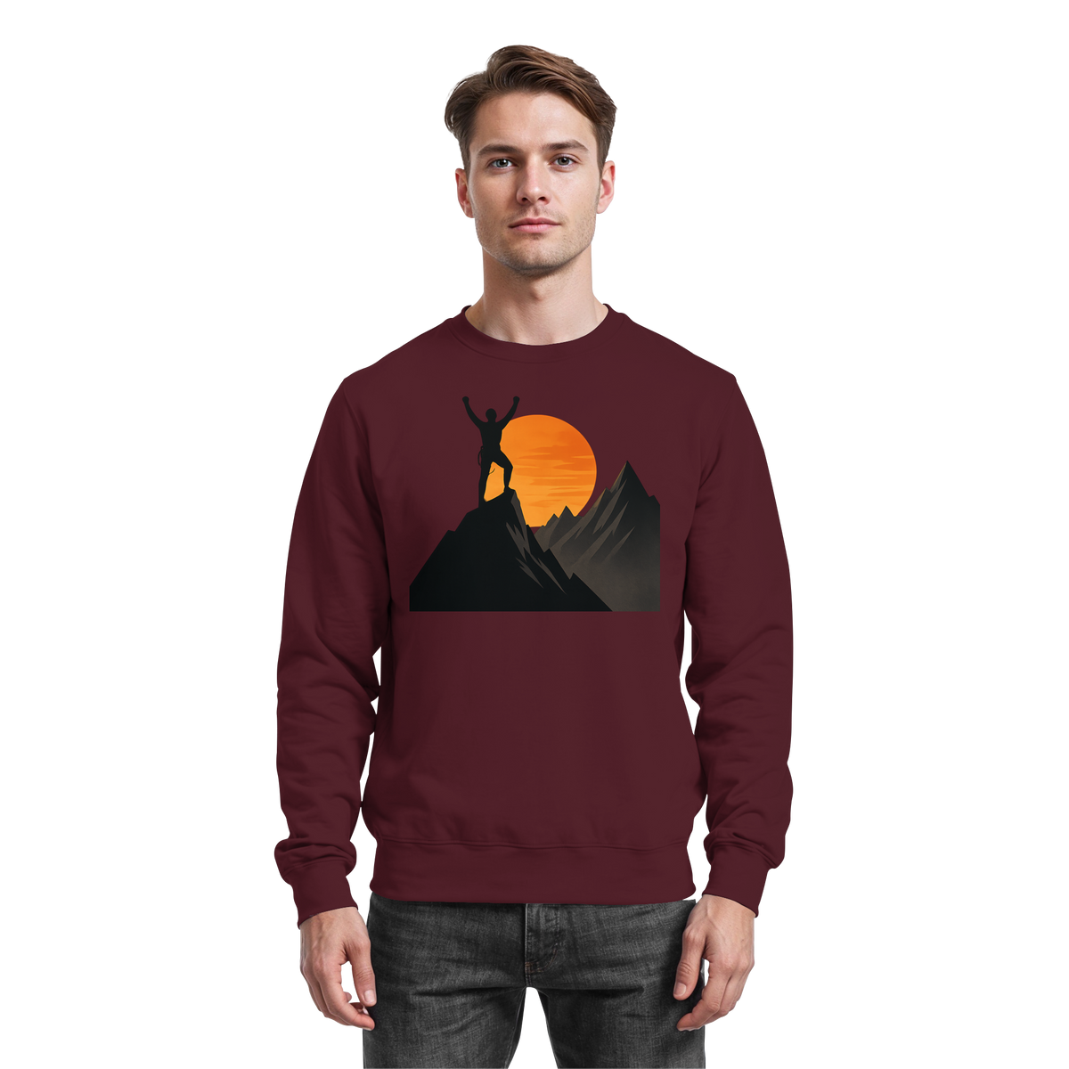Arvenzo Bold Ascent sweatshirt in burgundy, front view showing a classic crewneck design and soft fabric texture.