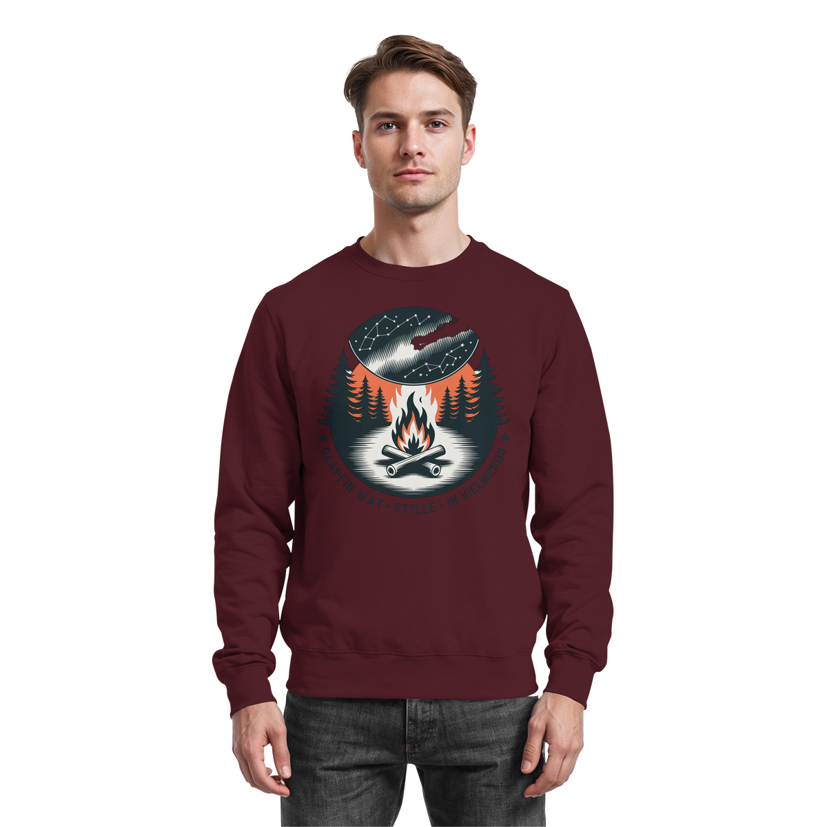 Arvenzo star map sweatshirt in burgundy front view, showcasing a celestial star pattern on a cozy sweatshirt.