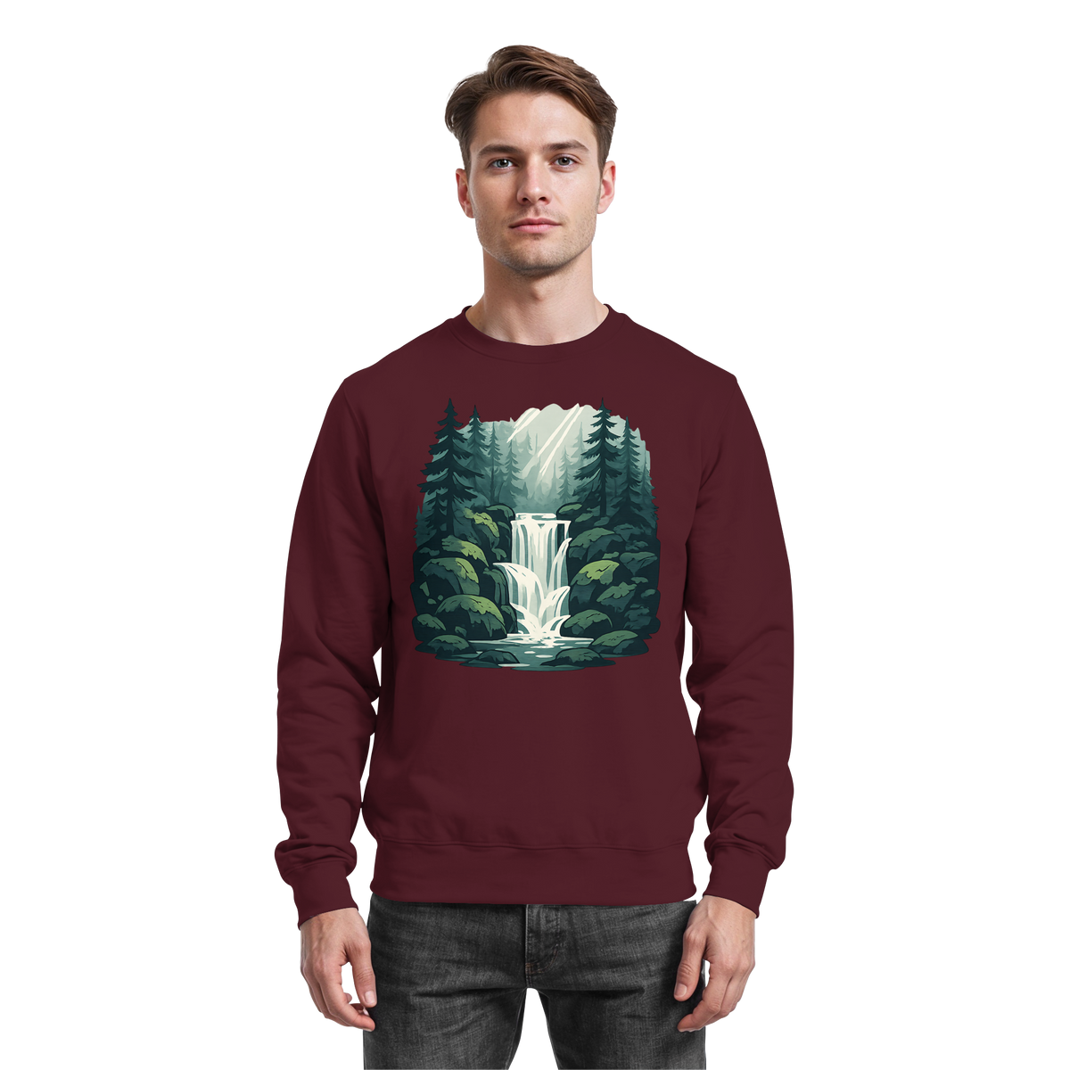 Arvenzo Fall Creek sweatshirt in burgundy, front view showing a classic crewneck design and soft fabric.