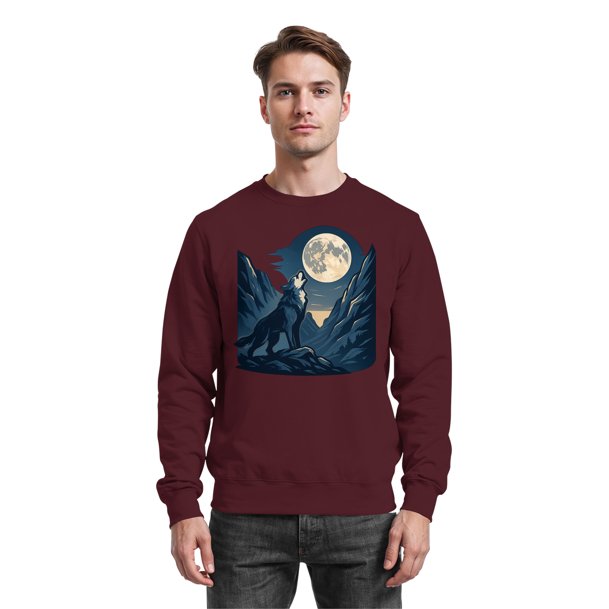 Front view of Arvenzo Silver Howl sweatshirt in burgundy, featuring a classic crew neck and relaxed fit.