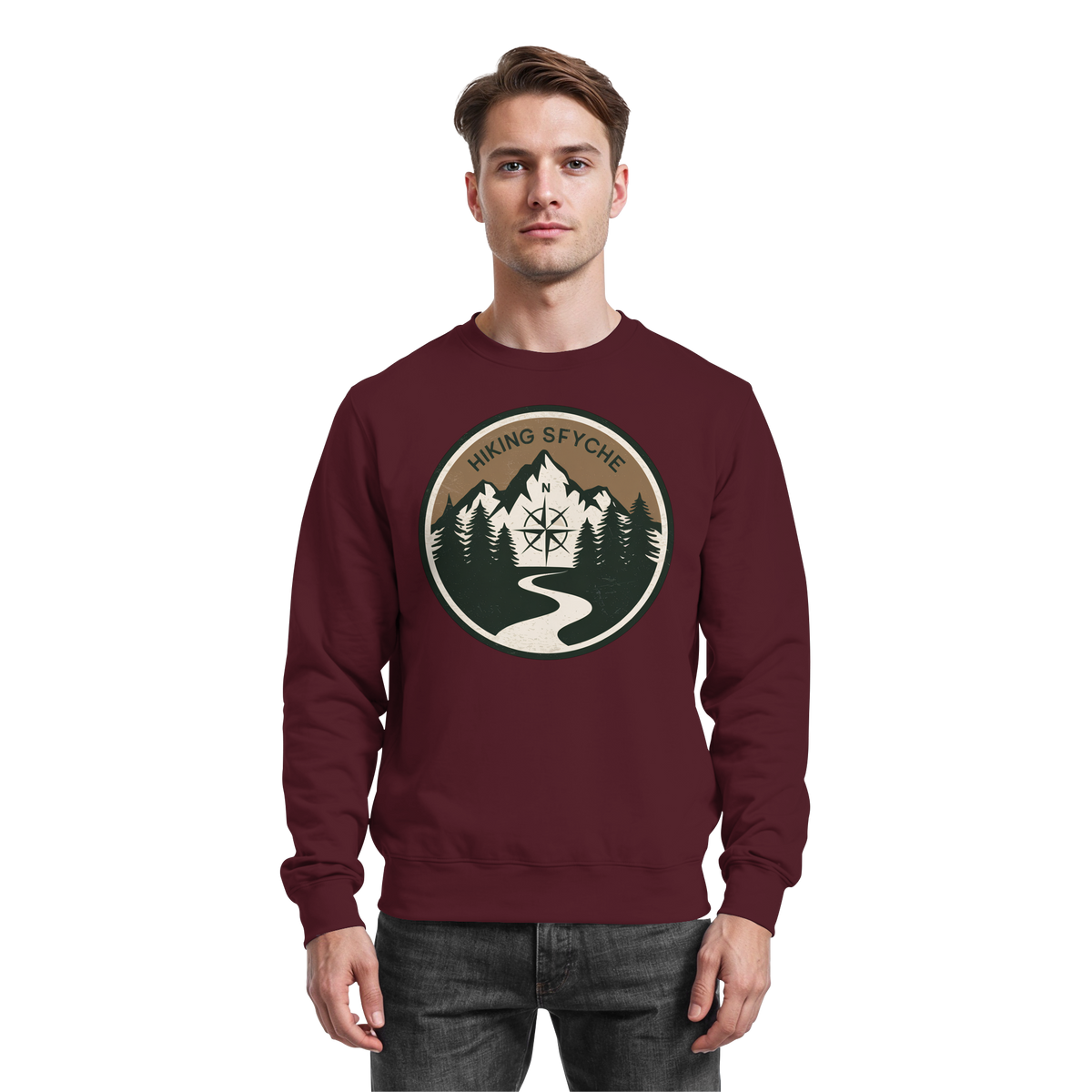 Arvenzo Trail Crest sweatshirt in burgundy, front view showing a classic crewneck design and comfortable fit.
