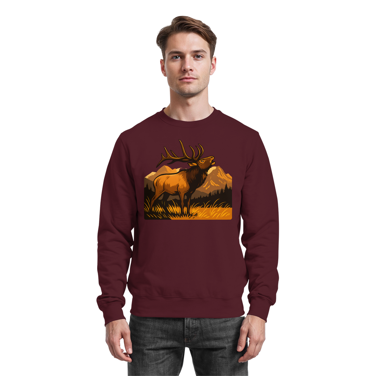Arvenzo Elk Meadow sweatshirt in burgundy, front view showing a cozy, casual sweatshirt with a simple design and soft fabric texture.