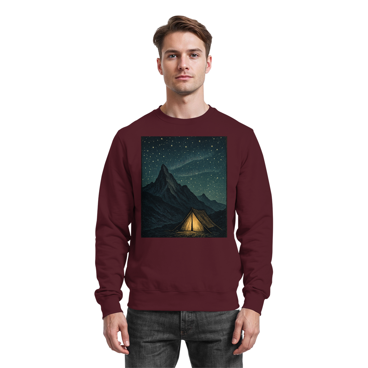 Arvenzo North Light Sweatshirt in burgundy, front view showing a classic crewneck design and soft fabric texture.