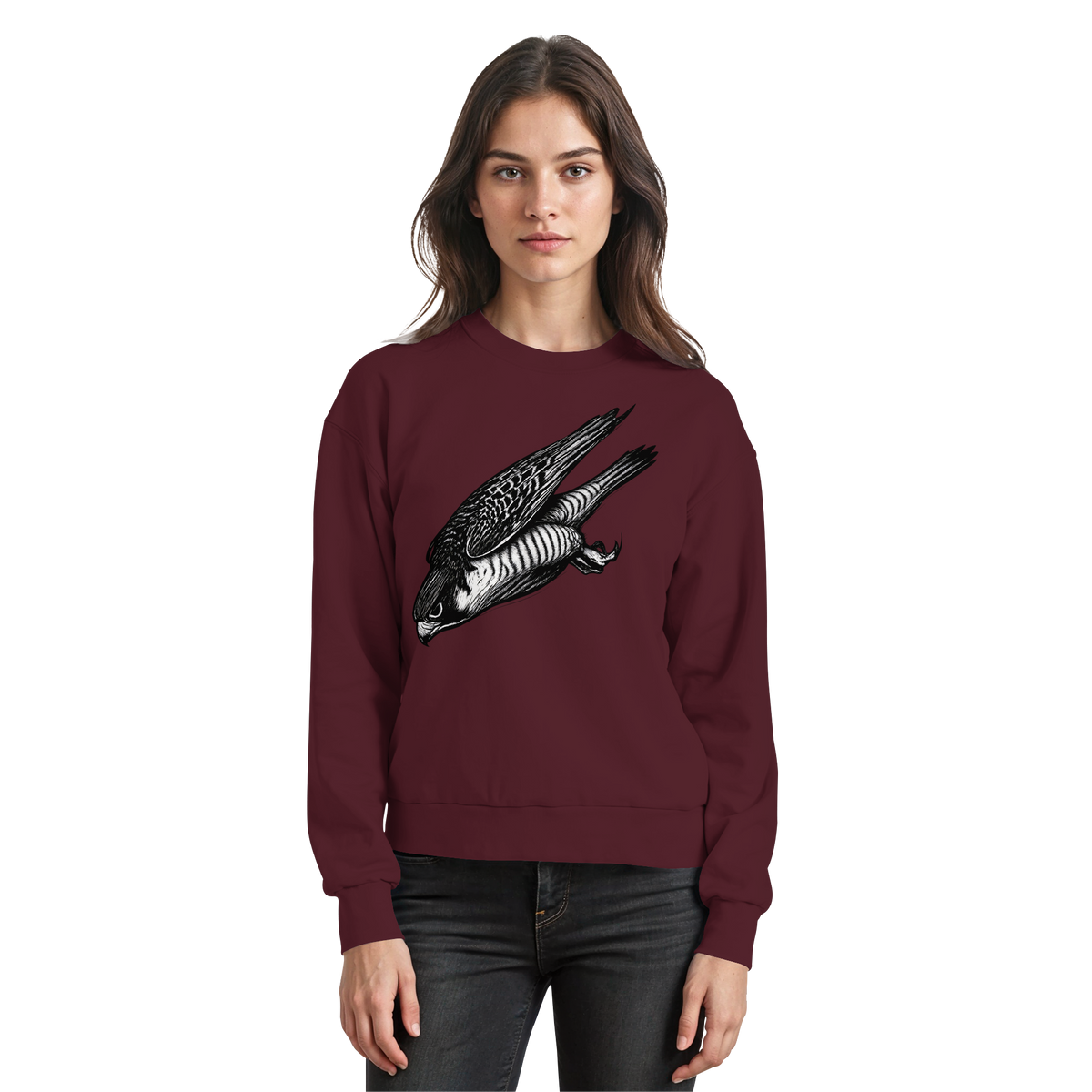 Arvenzo Swift Dive sweatshirt in burgundy, front view showing a basic crewneck design and soft fabric texture.