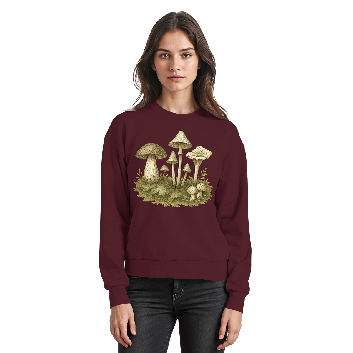 Arvenzo Forest Floor sweatshirt in burgundy, front view showing a cozy, casual sweatshirt with forest-themed design.