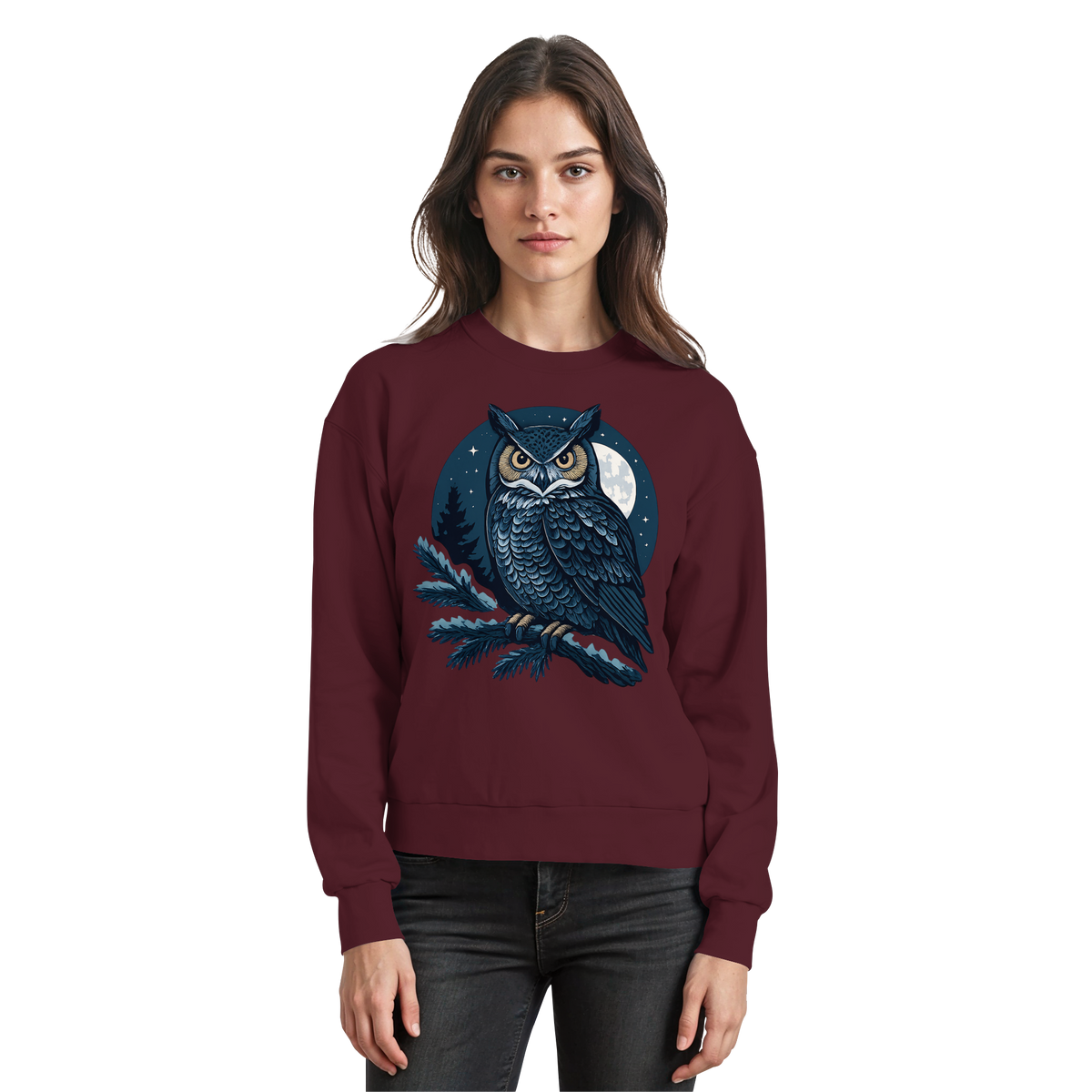 Arvenzo Night Watch sweatshirt in burgundy, front view showing a basic crewneck design and soft fabric texture.