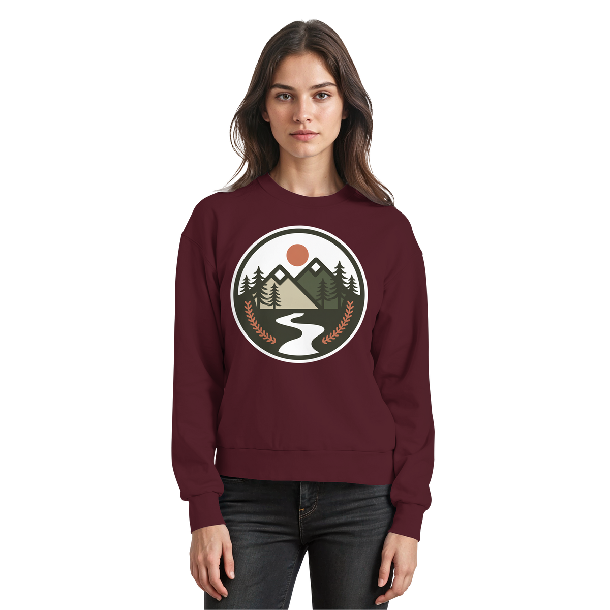 Front view of burgundy Arvenzo Open Ground sweatshirt with a basic crewneck design and long sleeves.