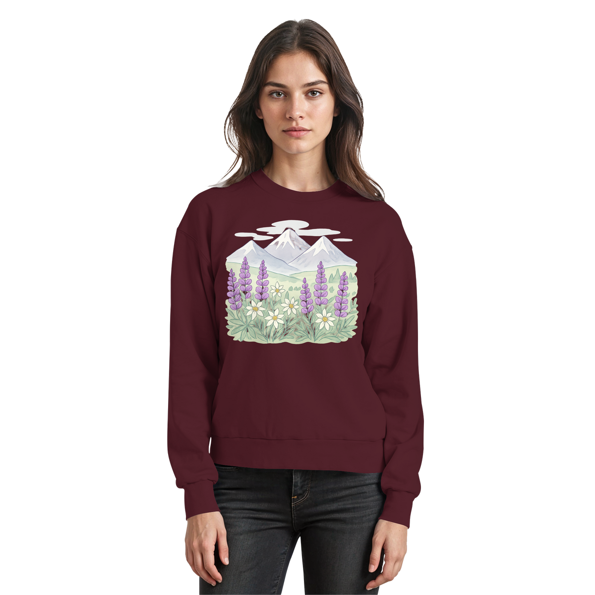 Arvenzo Alpine Bloom burgundy sweatshirt with a front basic design, made from soft, comfortable fabric.