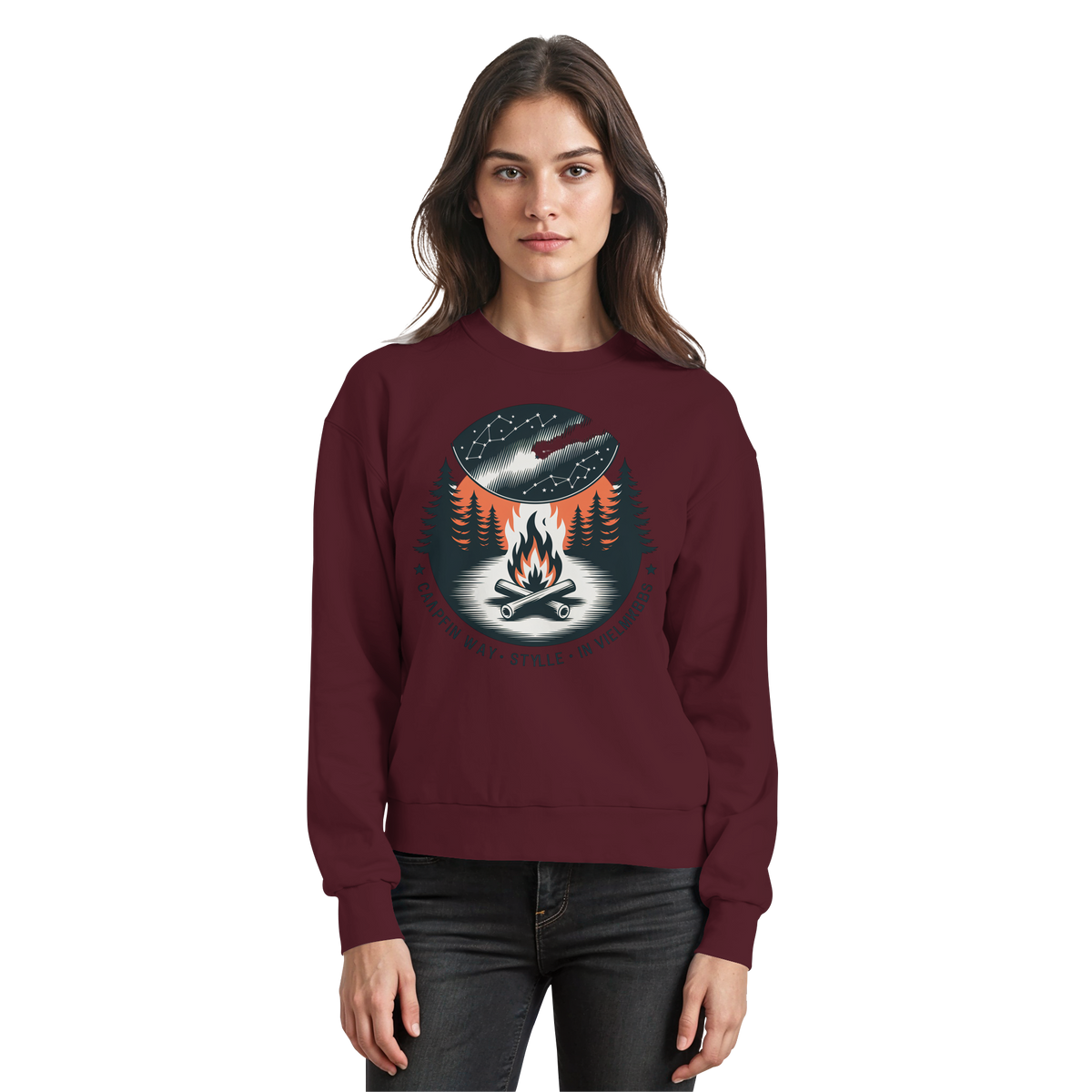 Arvenzo star map sweatshirt in burgundy, front view showing celestial star pattern on cozy, casual sweatshirt.