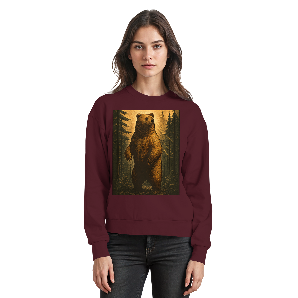 Front view of burgundy Arvenzo Deep Timber Sweatshirt with a basic crewneck design and long sleeves.