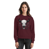 Burgundy Arvenzo Bison Skull sweatshirt featuring a front graphic design, long sleeves, and a comfortable fit.