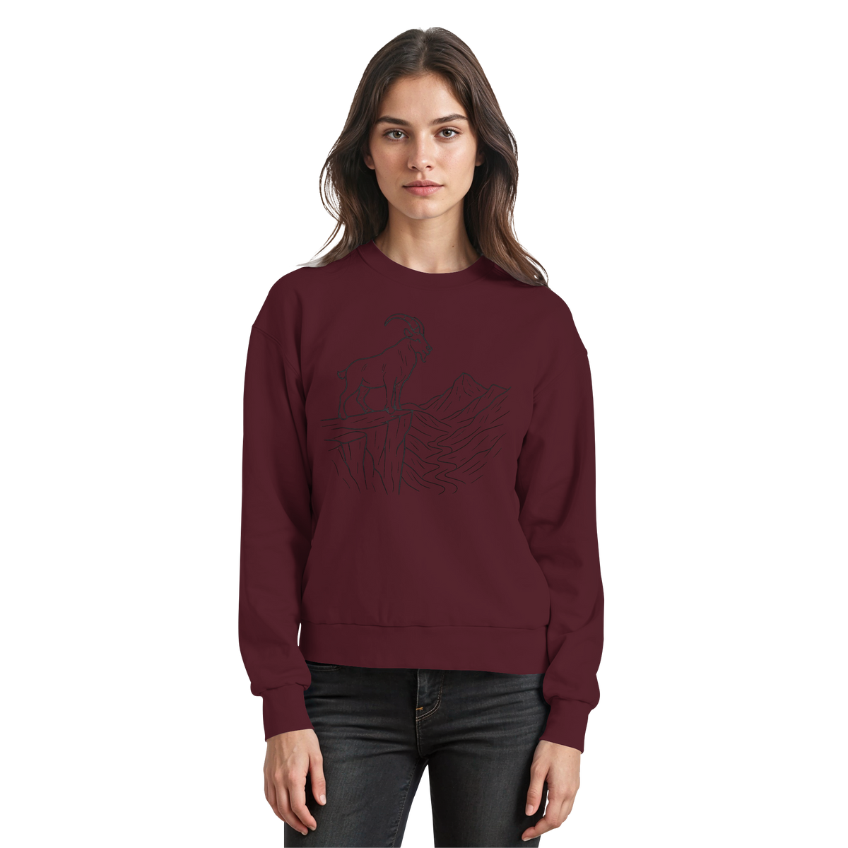 Front view of burgundy Arvenzo Cliff Edge sweatshirt with a simple design and crew neckline.