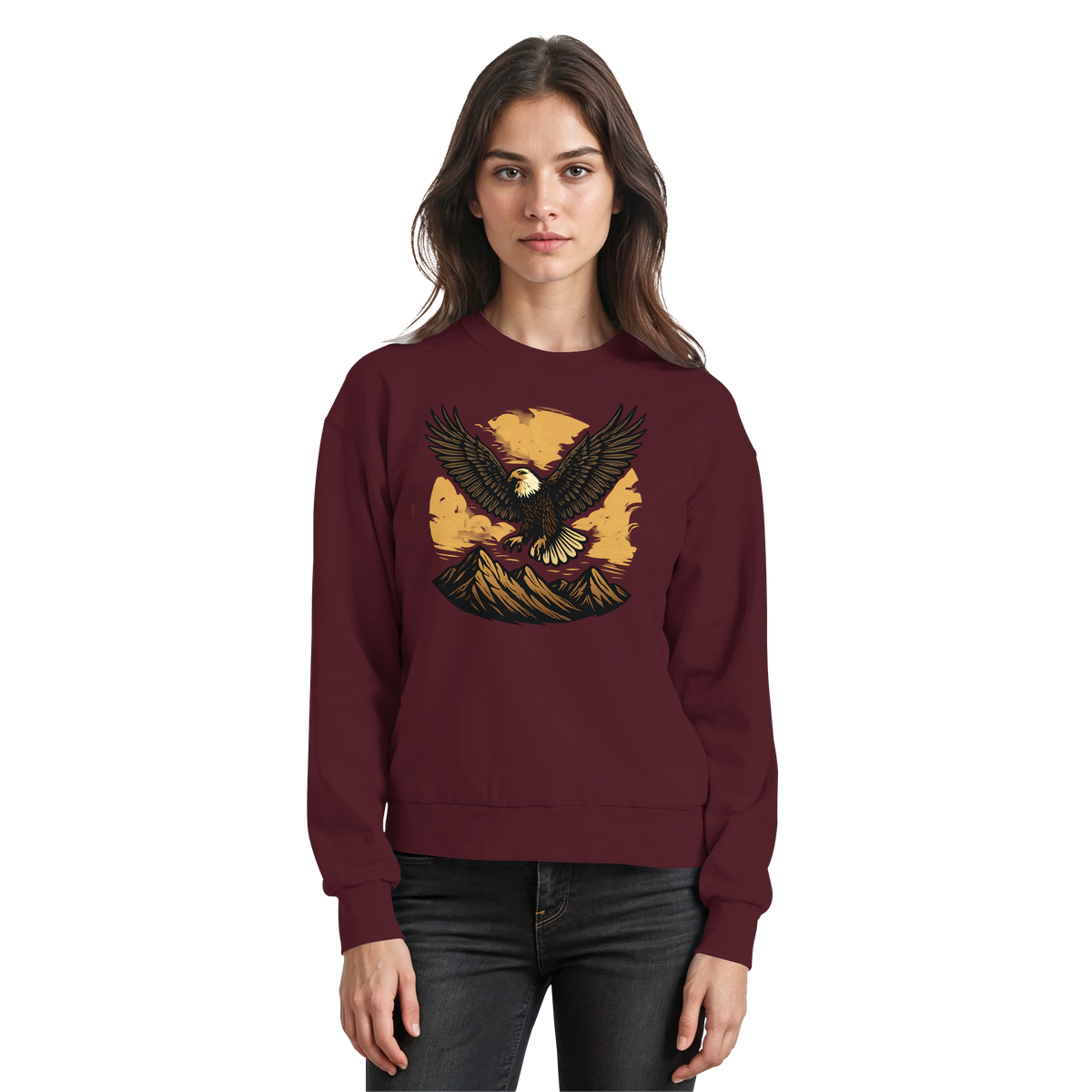 Arvenzo Iron Wing Sweatshirt in burgundy, front view showing classic crew neck and minimalist Iron Wing design.