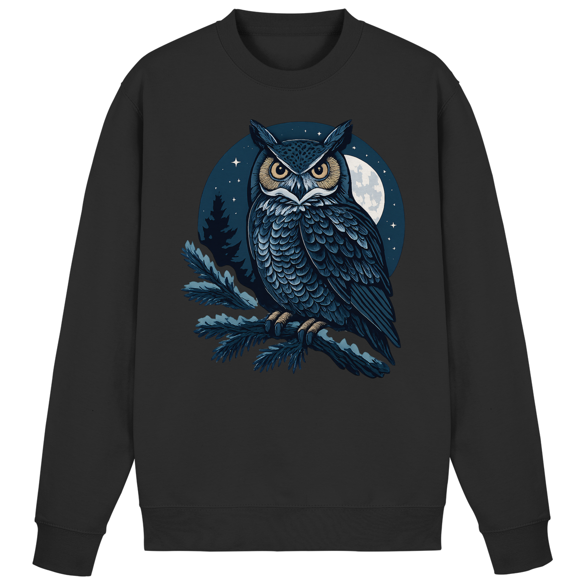 Black Arvenzo Night Watch sweatshirt displayed from the front, featuring a classic crewneck and minimalist design.