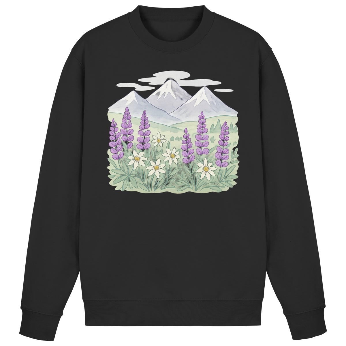 Black Arvenzo Alpine Bloom sweatshirt shown from the front, featuring a simple, classic design and soft fabric.