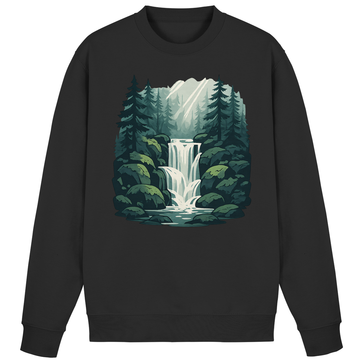 Arvenzo Fall Creek Sweatshirt in deep black, front view showing classic crewneck design and soft fabric texture.