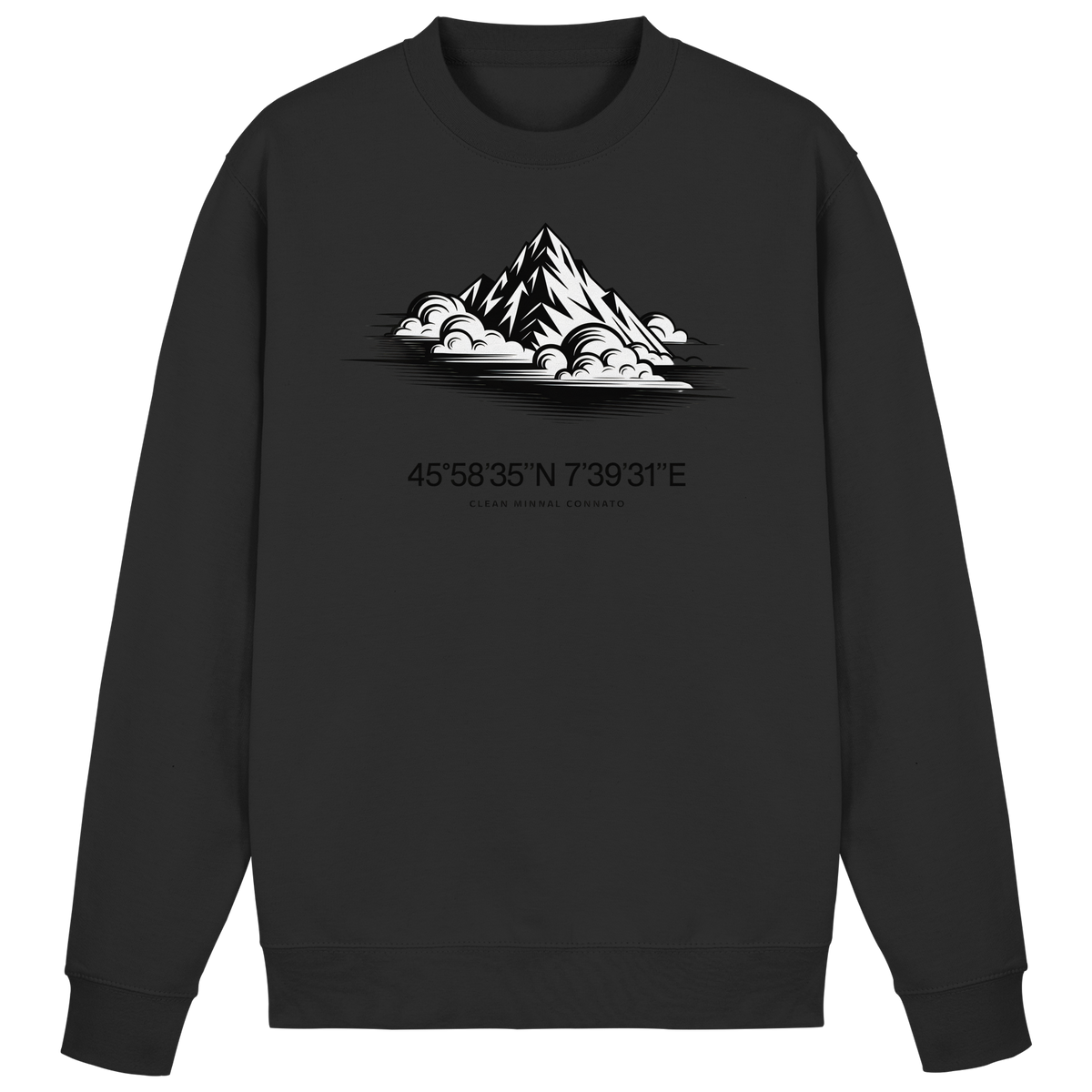 Arvenzo Summit Point sweatshirt in deep black, front view showing a classic crewneck design and soft fabric.