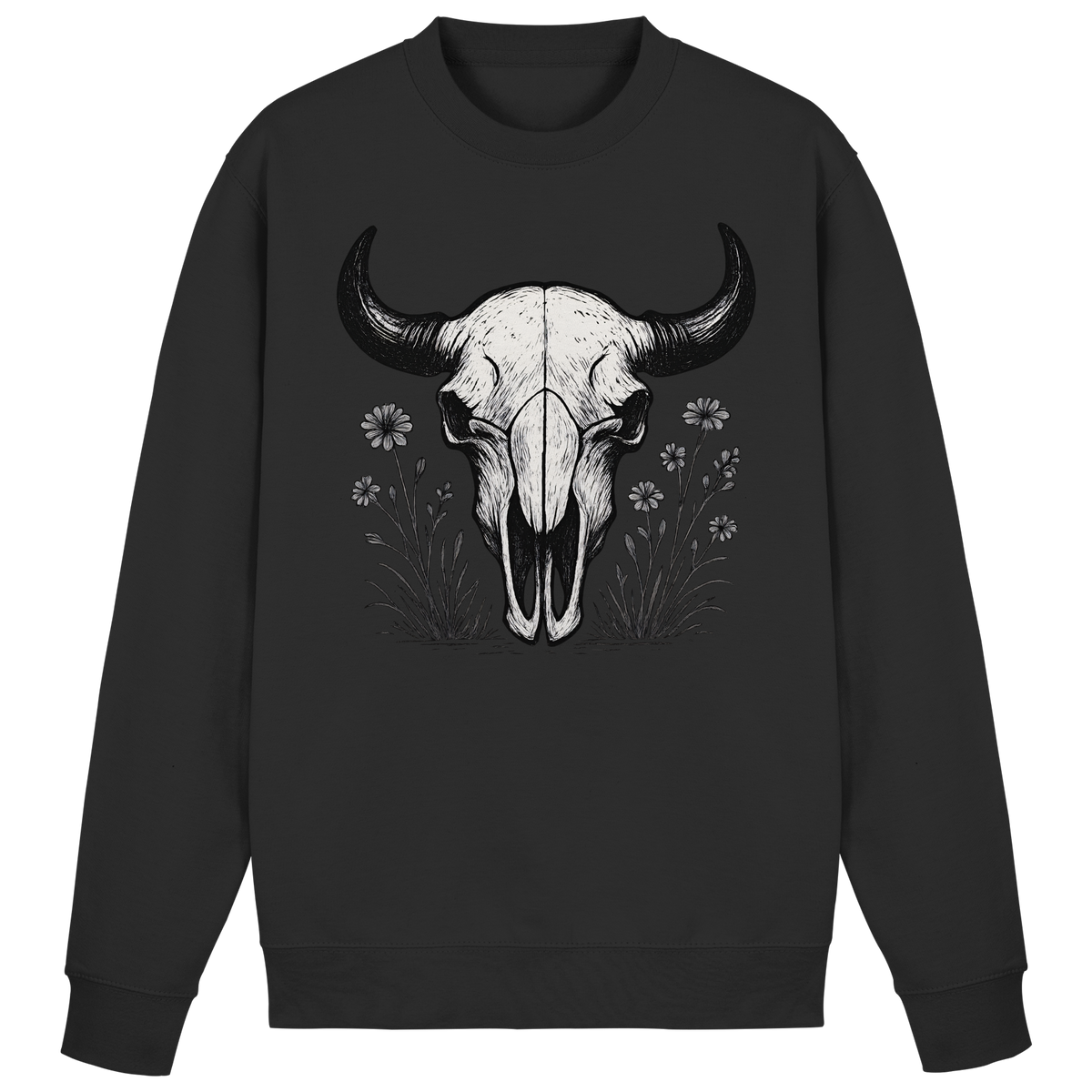 Black Arvenzo Bison Skull Sweatshirt front view, showing the graphic design on a cozy pullover.