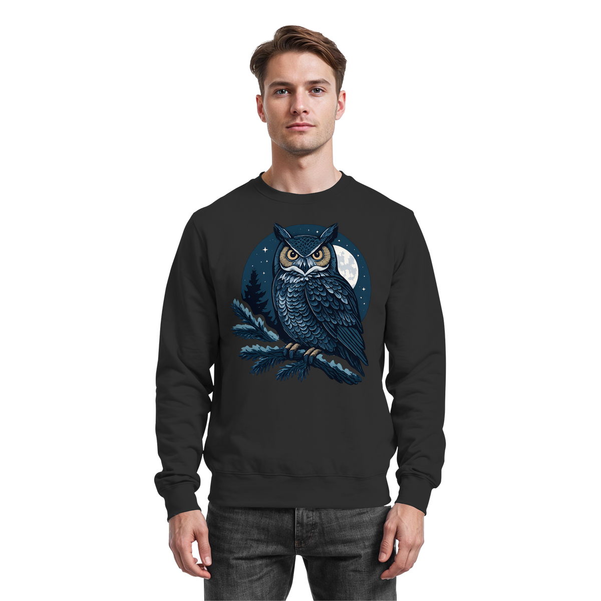 Arvenzo Night Watch sweatshirt in deep black, front view showing classic crewneck design and soft fabric texture.