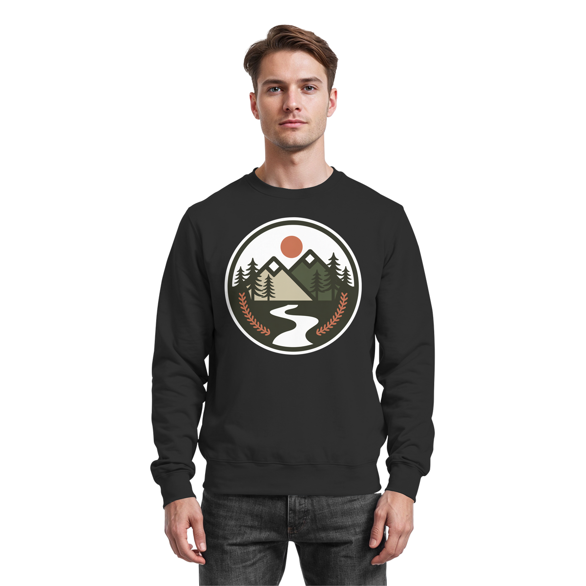 Black Arvenzo Open Ground sweatshirt displayed from the front, featuring a simple, relaxed fit and classic crew neckline.