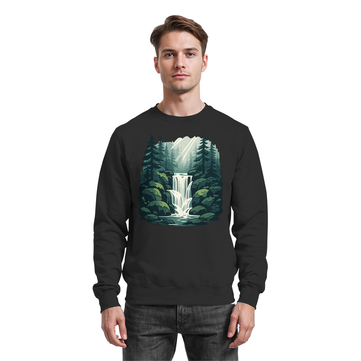 Deep black Fall Creek sweatshirt by Arvenzo displayed from the front, showcasing a classic, comfortable sweatshirt design.