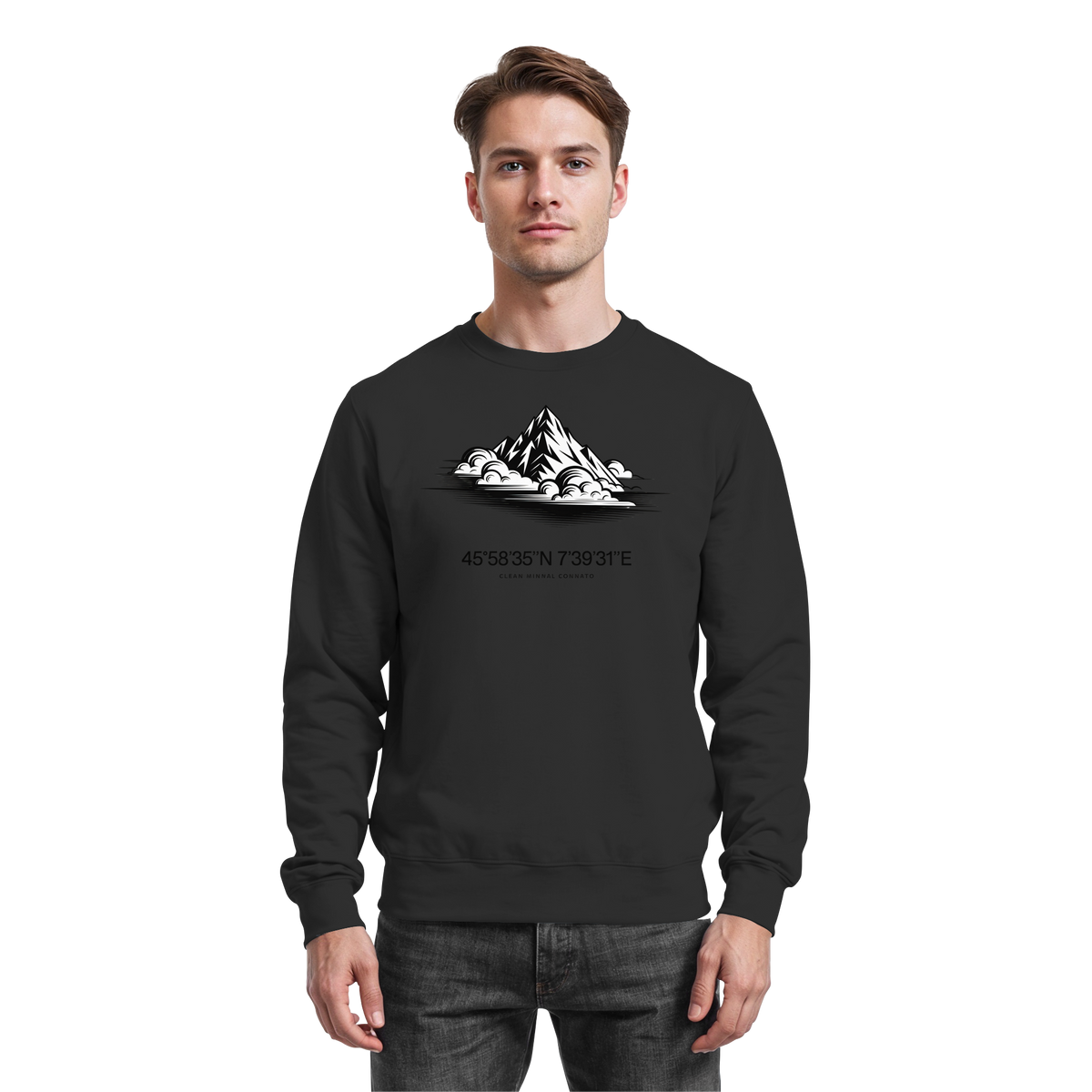 Black Arvenzo Summit Point sweatshirt shown from the front, featuring a classic crew neck and minimalist design.