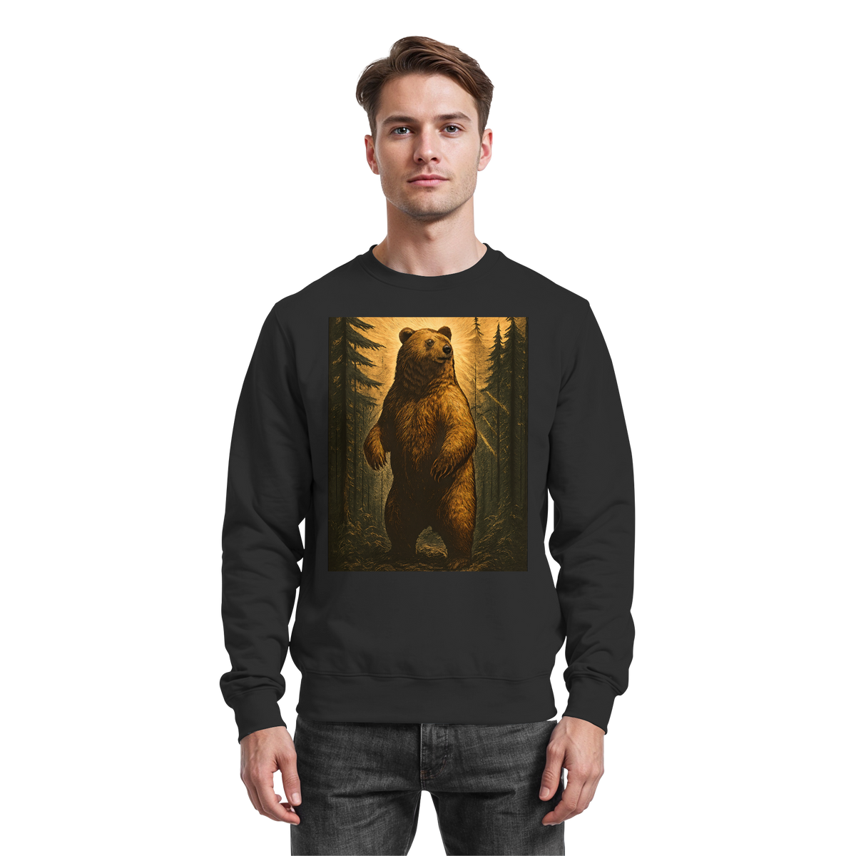 Black Arvenzo Deep Timber Sweatshirt shown from the front, featuring a basic crew neck and relaxed fit in soft fabric.