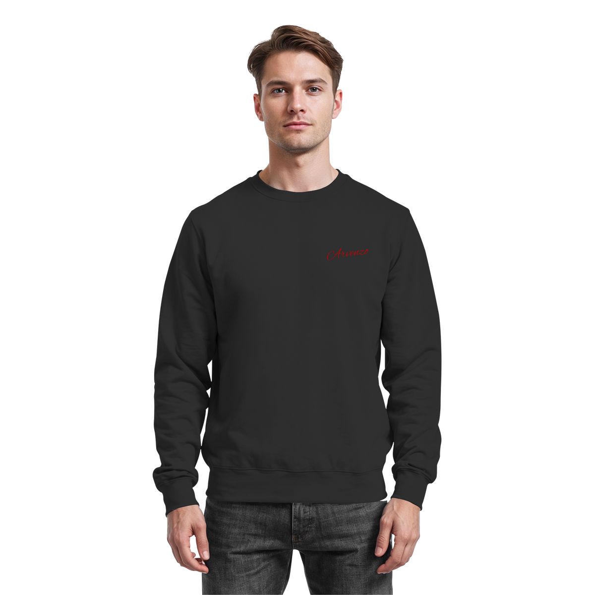 Black Arvenzo Pure Ground sweatshirt shown from the front, featuring a classic crew neck and soft, comfortable fabric.