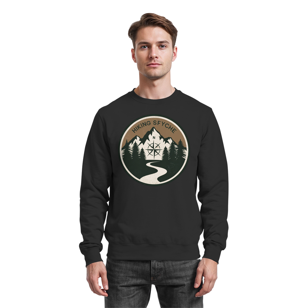 Black Arvenzo Trail Crest Sweatshirt shown from the front, featuring a classic crewneck design and soft fabric for casual wear.