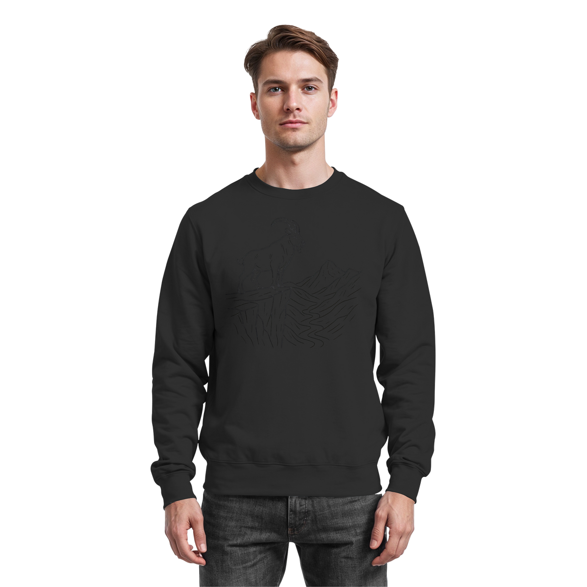 Arvenzo Cliff Edge Sweatshirt in deep black, front view showing a simple, stylish design and comfortable fit.