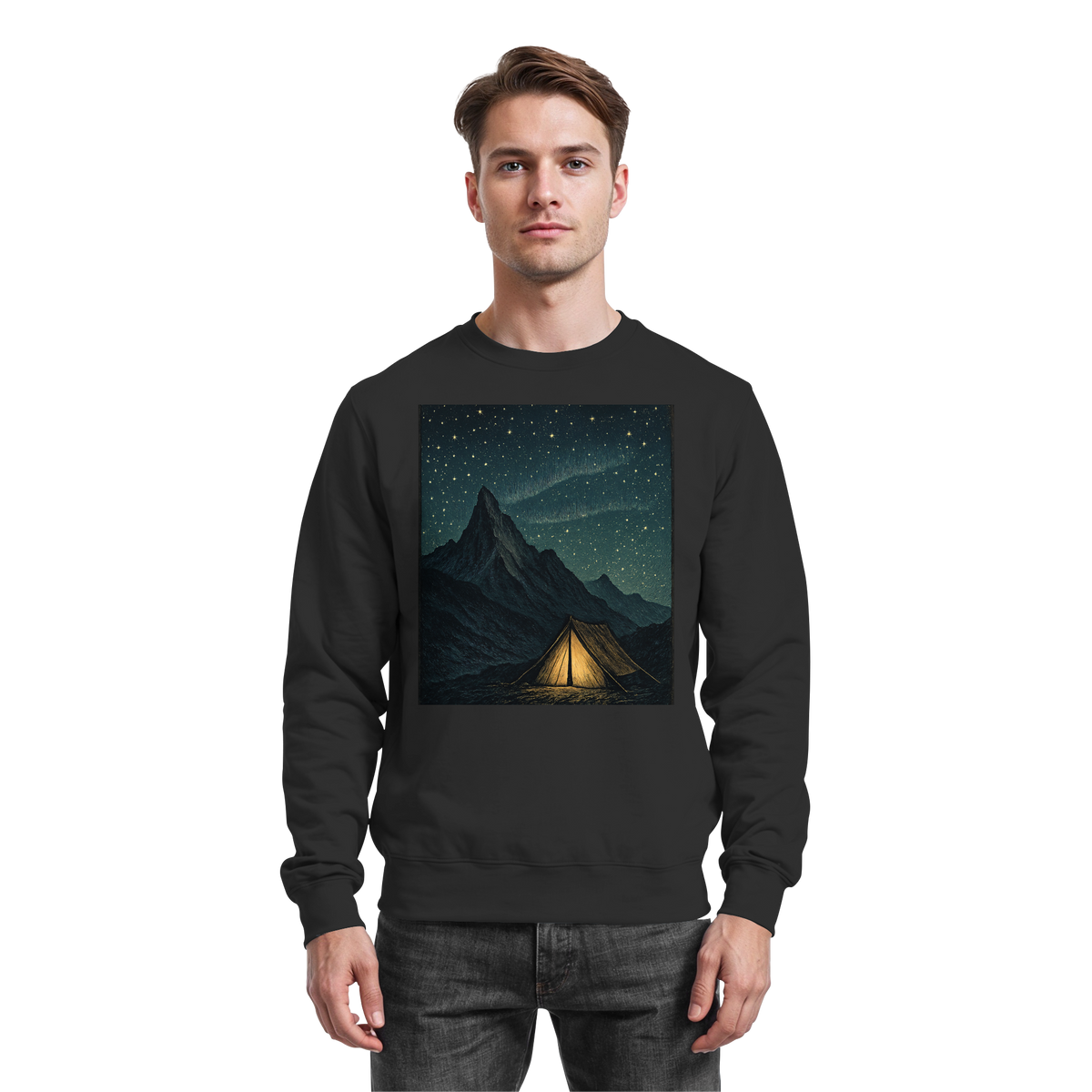 Front view of Arvenzo North Light Sweatshirt in deep black with a classic crew neck and soft fabric.